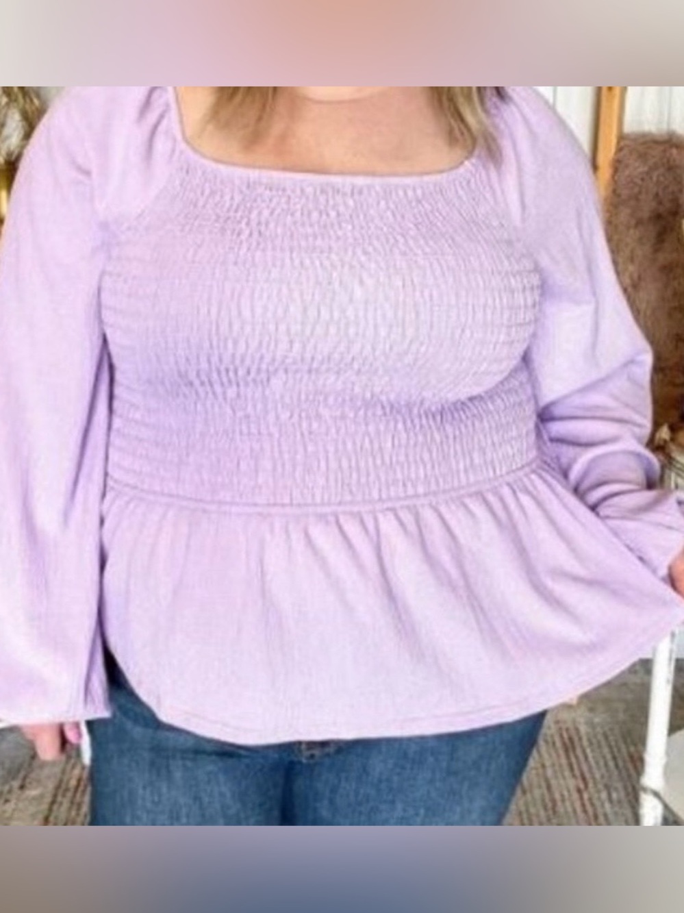 white birch Lavender Smocked Peplum Long Sleeve Top (Lilac)